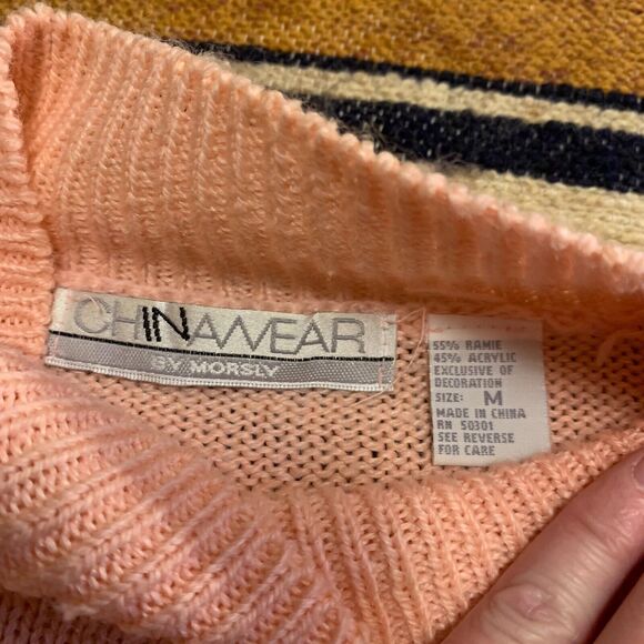 Vintage Knit Sweater Cottagecore Granny Pastel Pullover Pink Mock Neck Floral M - Picture 3 of 7